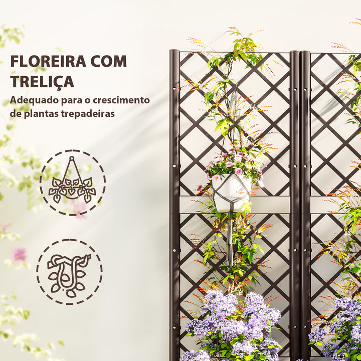 Floreira com Treliça de PP Floreira Exterior Grande com Drenagem e Amplo Espaço para Plantas Trepadoras Vaso com Suporte para Jardim Pátio Terraço 80x40x135 cm Marrom