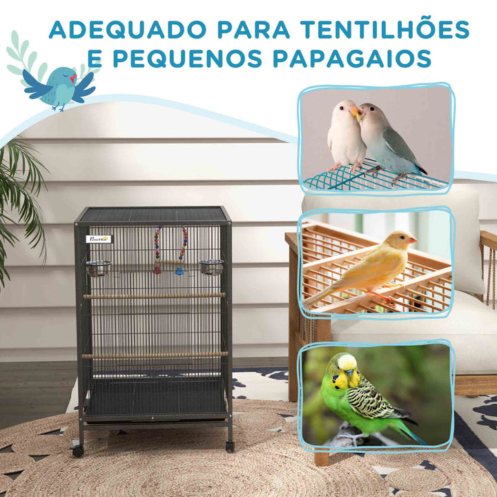 Gaiola para Pássaros com Rodas Gaiola para Aves com Comedouro Poleiro Baloiço Prateleira e Bandeja Amovível Gaiola Grande para Canários Periquitos 48x46x74 cm Cinzento