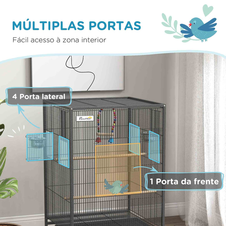 Gaiola para Pássaros com Rodas Gaiola para Aves com Comedouro Poleiro Baloiço Prateleira e Bandeja Amovível Gaiola Grande para Canários Periquitos 48x46x74 cm Cinzento