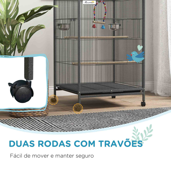 Gaiola para Pássaros com Rodas Gaiola para Aves com Comedouro Poleiro Baloiço Prateleira e Bandeja Amovível Gaiola Grande para Canários Periquitos 48x46x74 cm Cinzento