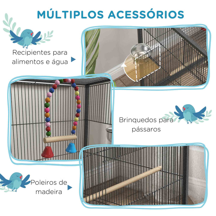 Gaiola para Pássaros com Rodas Gaiola para Aves com Comedouro Poleiro Baloiço Prateleira e Bandeja Amovível Gaiola Grande para Canários Periquitos 48x46x74 cm Cinzento