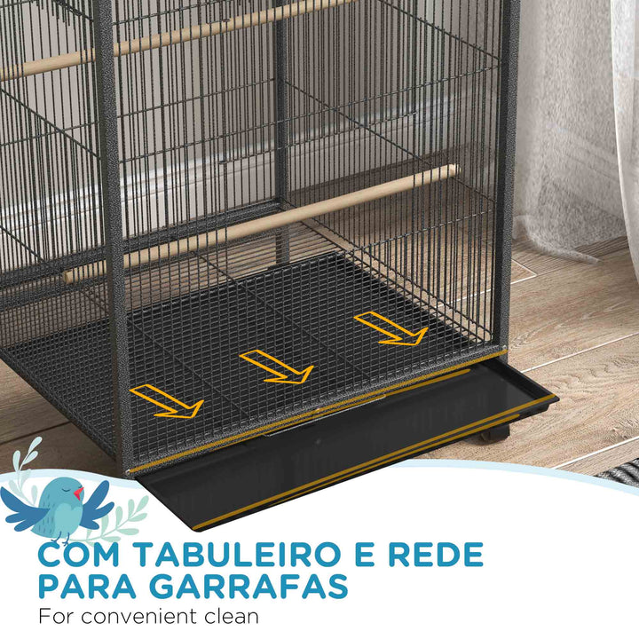 Gaiola para Pássaros com Rodas Gaiola para Aves com Comedouro Poleiro Baloiço Prateleira e Bandeja Amovível Gaiola Grande para Canários Periquitos 48x46x74 cm Cinzento