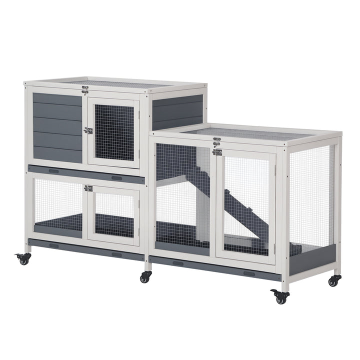 Coelheira de Madeira com Rodas 147x45,5x88,5cm Gaiola para Coelhos de 2 Níveis com Teto Abatível 2 Cercados de Metal 3 Bandejas Removíveis 3 Portas com Trava e Rampa Cinza