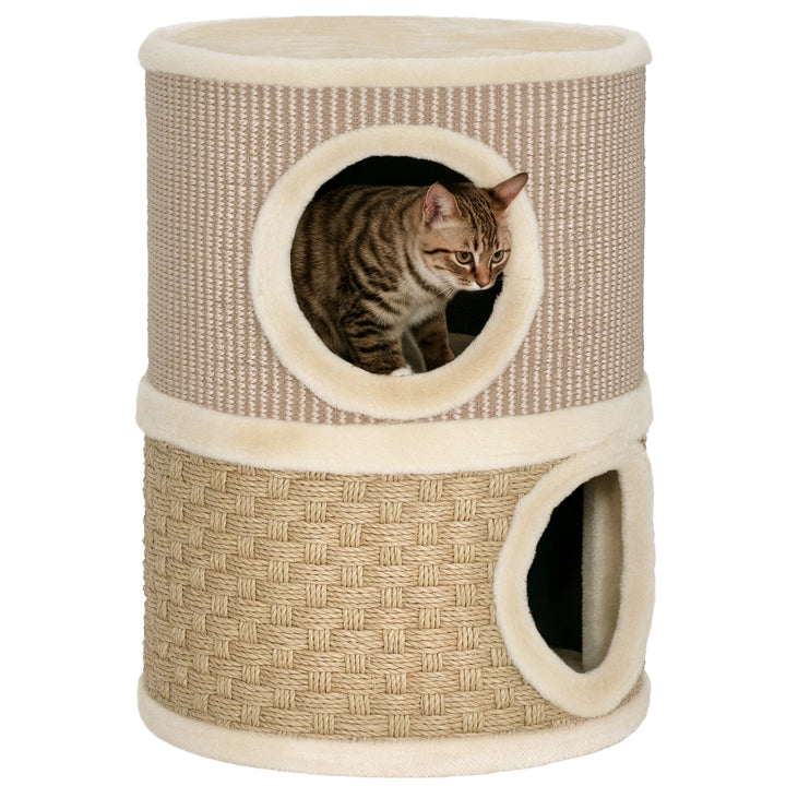 Arranhador em Forma de Cilindro para Gatos com 3 Níveis Plataforma e Caverna Confortável 37,5x37,5x70 cm Caqui e Bege