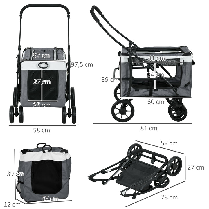 Carrinho para Animais de Estimação Carrinho para Cães Dobrável com Compartimento Desmontável 4 Portas com Fecho de Correr 2 Correias de Segurança e de Transporte 81x58x97,5 cm Cinza