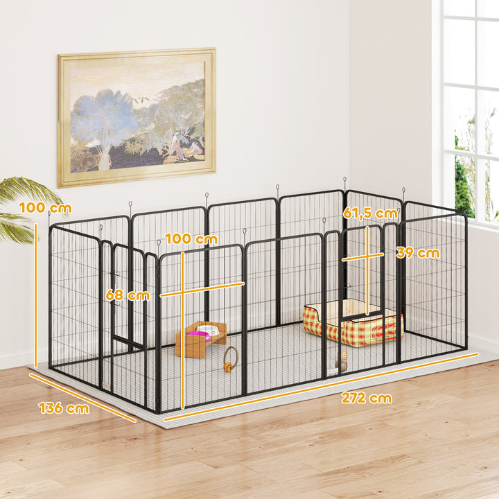 Parque para Cães de 12 Painéis 68x100 cm Parque Dobrável para Cães Médios com Portas Fecho e Estacas para Interior e Exterior Preto