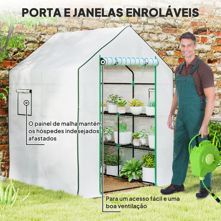 Estufa de Jardim Pequena de 3 Níveis com 6 Prateleiras Porta Enrolável Capa de PE e Estrutura de Aço para Cultivo de Plantas e Flores 140x143x190 cm Branco