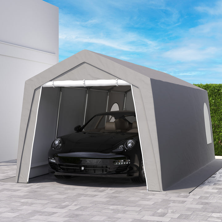 Abrigo de Jardim Exterior 300x597x257 cm Tenda de Armazenamento com Porta Enrolável para Motas Bicicletas e Ferramentas de Jardim Cinzento