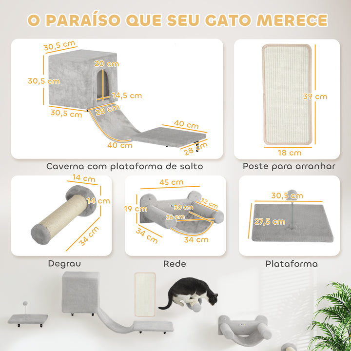 Conjunto de Prateleiras de Escalada para Gatos de 6 Peças Prateleiras para Gatos com Caverna Plataforma Rede Escadas Placa para Arranhar Poste de Sisal e Bola de Brinquedo Cinzento