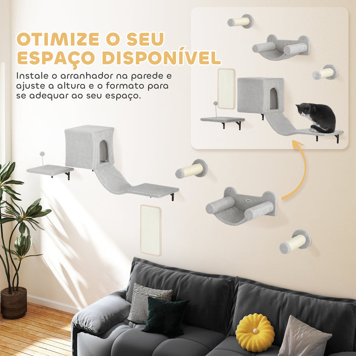 Conjunto de Prateleiras de Escalada para Gatos de 6 Peças Prateleiras para Gatos com Caverna Plataforma Rede Escadas Placa para Arranhar Poste de Sisal e Bola de Brinquedo Cinzento