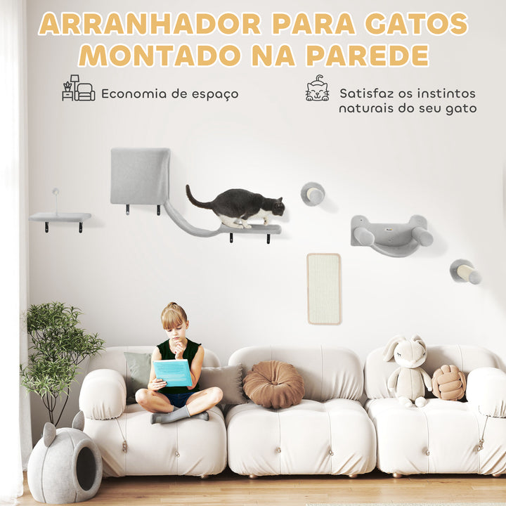 Conjunto de Prateleiras de Escalada para Gatos de 6 Peças Prateleiras para Gatos com Caverna Plataforma Rede Escadas Placa para Arranhar Poste de Sisal e Bola de Brinquedo Cinzento