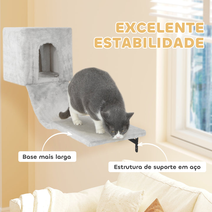 Conjunto de Prateleiras de Escalada para Gatos de 6 Peças Prateleiras para Gatos com Caverna Plataforma Rede Escadas Placa para Arranhar Poste de Sisal e Bola de Brinquedo Cinzento