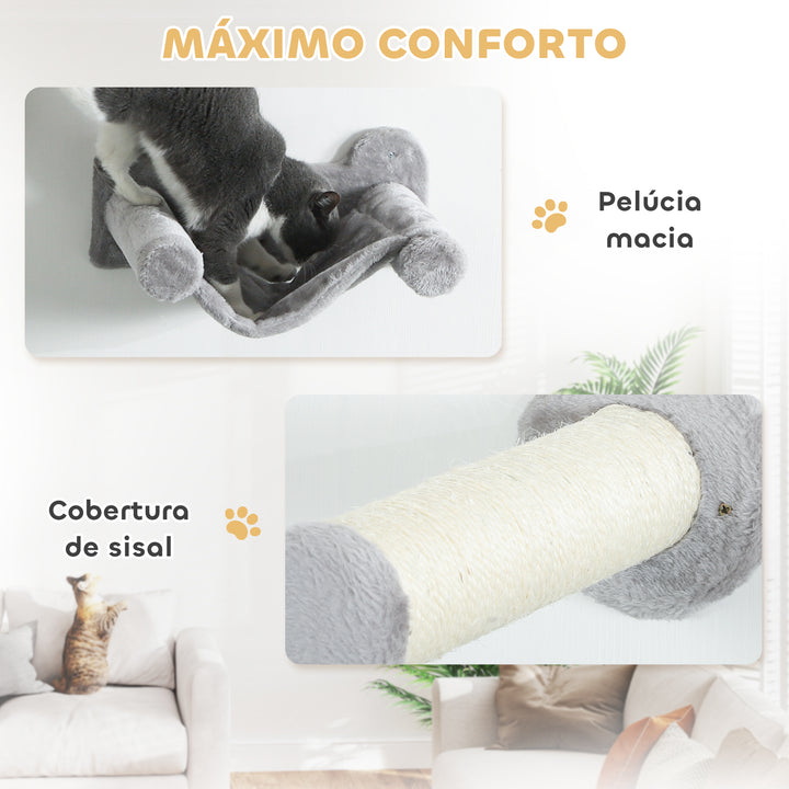 Conjunto de Prateleiras de Escalada para Gatos de 6 Peças Prateleiras para Gatos com Caverna Plataforma Rede Escadas Placa para Arranhar Poste de Sisal e Bola de Brinquedo Cinzento