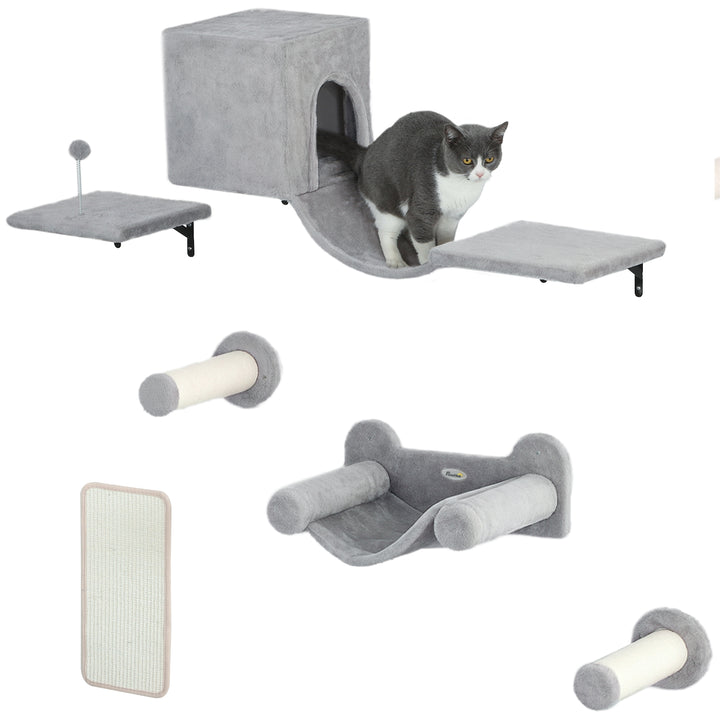 Conjunto de Prateleiras de Escalada para Gatos de 6 Peças Prateleiras para Gatos com Caverna Plataforma Rede Escadas Placa para Arranhar Poste de Sisal e Bola de Brinquedo Cinzento