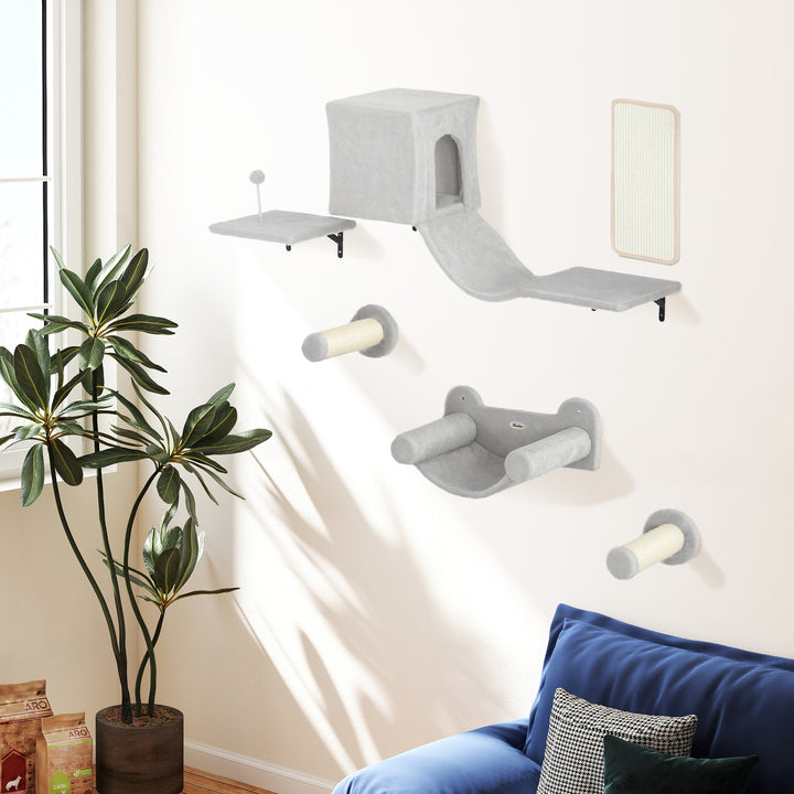 Conjunto de Prateleiras de Escalada para Gatos de 6 Peças Prateleiras para Gatos com Caverna Plataforma Rede Escadas Placa para Arranhar Poste de Sisal e Bola de Brinquedo Cinzento