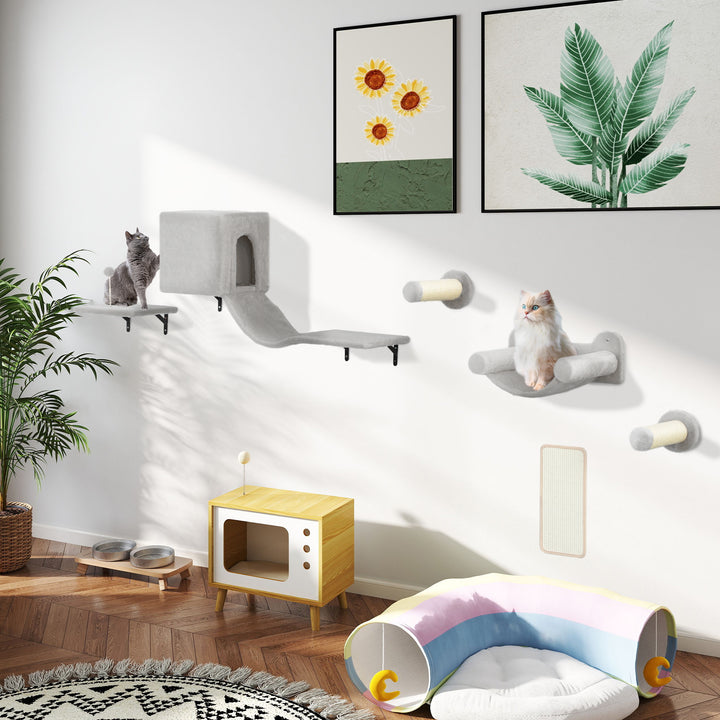 Conjunto de Prateleiras de Escalada para Gatos de 6 Peças Prateleiras para Gatos com Caverna Plataforma Rede Escadas Placa para Arranhar Poste de Sisal e Bola de Brinquedo Cinzento