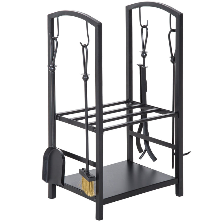 Suporte para Lenha de 2 Níveis Porta Lenha Exterior e Interior Metálico com 4 Ferramentas para Lareira Carga Máx. 100kg 40x30x74,5cm Preto