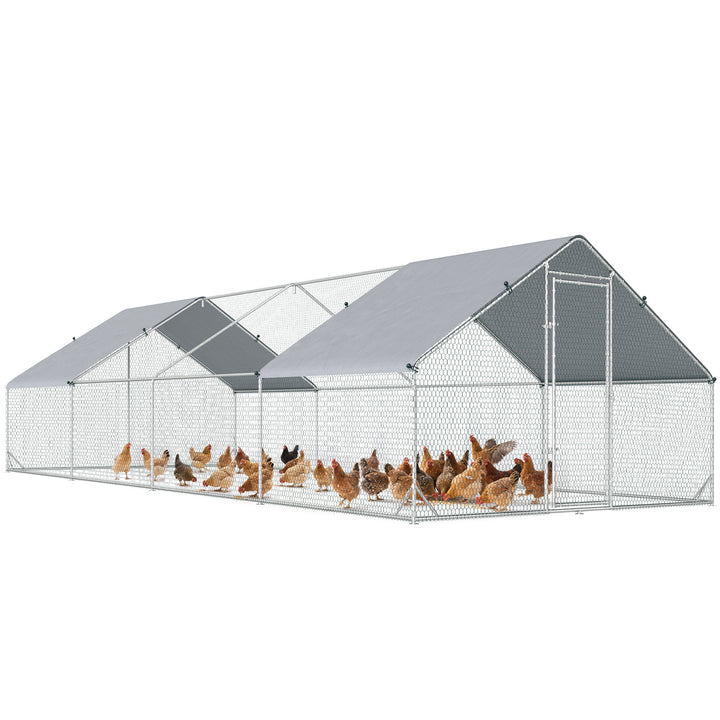 Galinheiro de Exterior Grande 3x8x2m Gaiola para 16-24 Galinhas de Aço Galvanizado com Teto de PE e Fechadura para Coelhos Prata