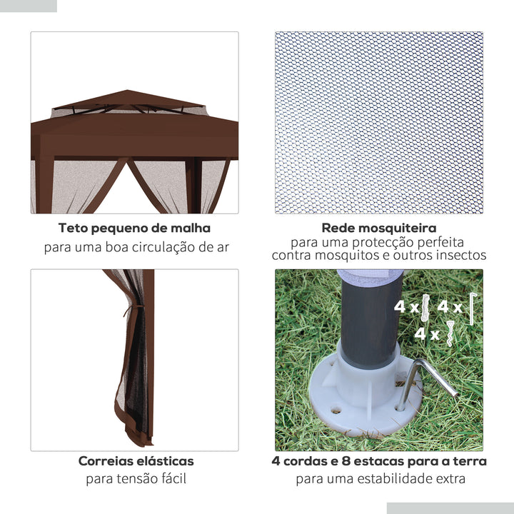 Pérgola de Jardim 297x297x268 cm Pérgola com 4 Redes Mosquiteiras Laterais com Fecho de Correr Teto de Ventilação e 8 Orifícios de Drenagem Pérgola para Terraço Pátio Exterior Marrom