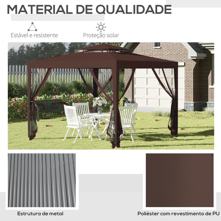 Pérgola de Jardim 297x297x268 cm Pérgola com 4 Redes Mosquiteiras Laterais com Fecho de Correr Teto de Ventilação e 8 Orifícios de Drenagem Pérgola para Terraço Pátio Exterior Marrom