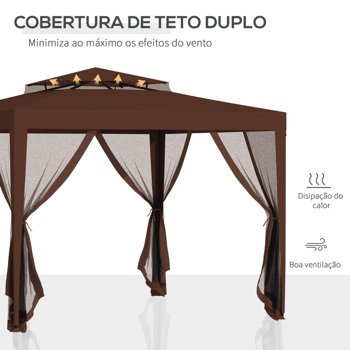 Pérgola de Jardim 297x297x268 cm Pérgola com 4 Redes Mosquiteiras Laterais com Fecho de Correr Teto de Ventilação e 8 Orifícios de Drenagem Pérgola para Terraço Pátio Exterior Marrom