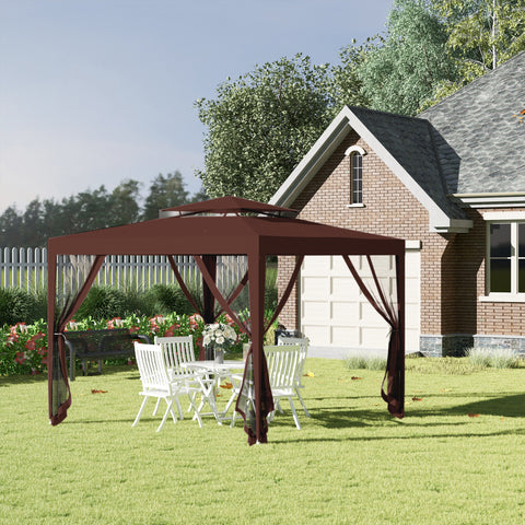 Pérgola de Jardim 297x297x268 cm Pérgola com 4 Redes Mosquiteiras Laterais com Fecho de Correr Teto de Ventilação e 8 Orifícios de Drenagem Pérgola para Terraço Pátio Exterior Marrom