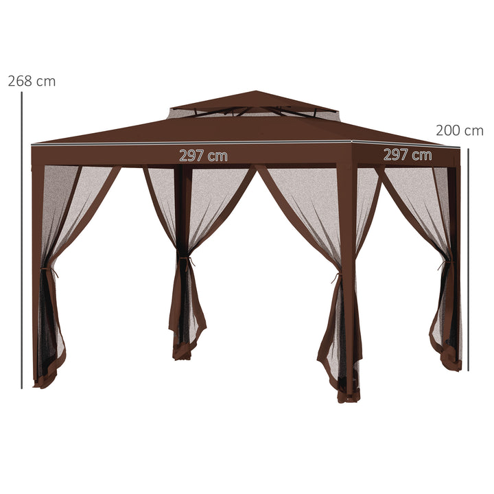 Pérgola de Jardim 297x297x268 cm Pérgola com 4 Redes Mosquiteiras Laterais com Fecho de Correr Teto de Ventilação e 8 Orifícios de Drenagem Pérgola para Terraço Pátio Exterior Marrom