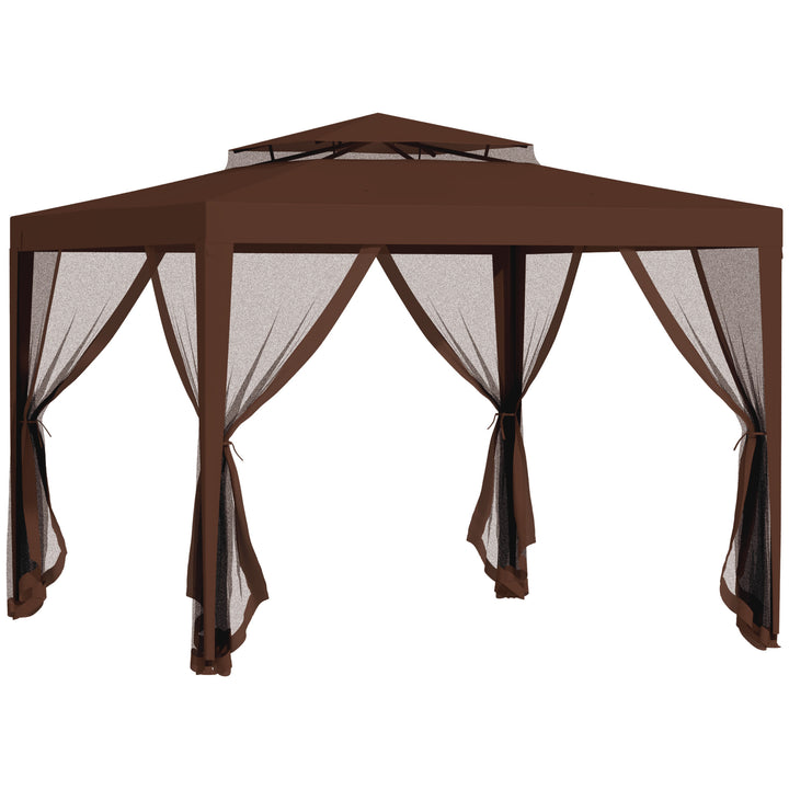 Pérgola de Jardim 297x297x268 cm Pérgola com 4 Redes Mosquiteiras Laterais com Fecho de Correr Teto de Ventilação e 8 Orifícios de Drenagem Pérgola para Terraço Pátio Exterior Marrom