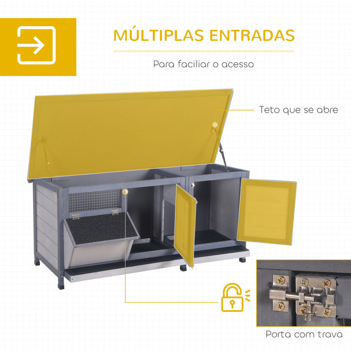 Coelheira de Madeira Gaiola para Coelhos com Telhado Asfáltico Rebatível Portas com Fecho Bandejas Removíveis e Comedouro Coelheira para Exterior 112x50x54 cm Cinzento