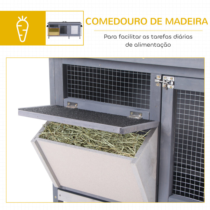 Coelheira de Madeira Gaiola para Coelhos com Telhado Asfáltico Rebatível Portas com Fecho Bandejas Removíveis e Comedouro Coelheira para Exterior 112x50x54 cm Cinzento