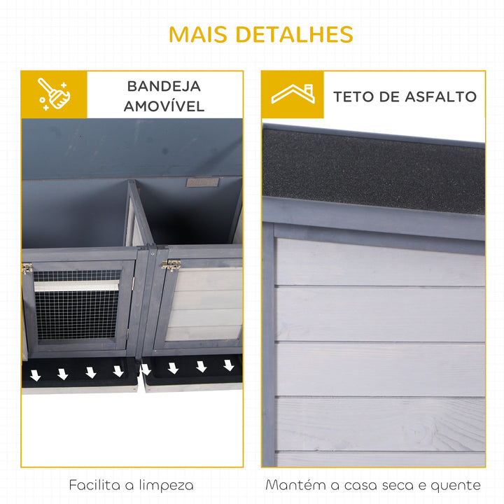 Coelheira de Madeira Gaiola para Coelhos com Telhado Asfáltico Rebatível Portas com Fecho Bandejas Removíveis e Comedouro Coelheira para Exterior 112x50x54 cm Cinzento