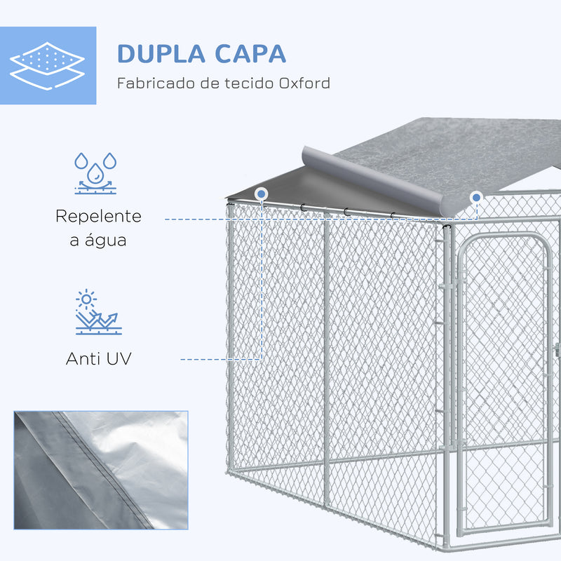 Canil de Exterior com Toldo Gaiola para Animais de Estimação com 1 Porta e Estrutura de Aço para Jardim Pátio 300x300x234 cm Prata