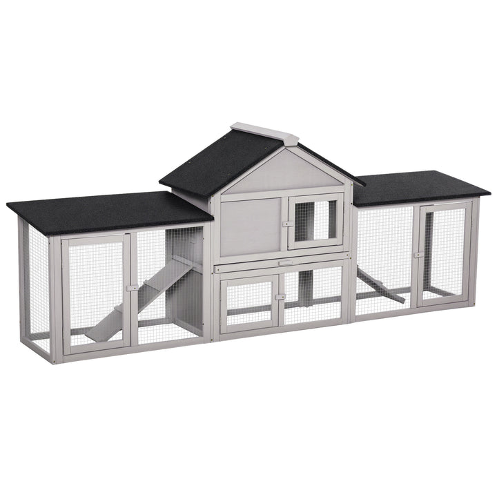 Coelheira de Exterior Grande Gaiola de Madeira para 2-4 Coelhos com Teto Asfáltico Recinto de Arame Bandeja Removível e Rampas 210x45,5x84,5cm Cinza e Preto