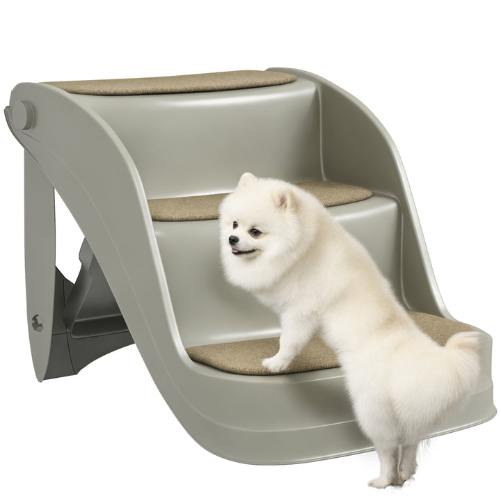 Escada para Cães de 3 Degraus Dobrável Escada de Plástico para Animais de Estimação com Tapetes Antiderrapantes para Cama Sofá Carga 15 kg 49x38x38 cm Cinzento