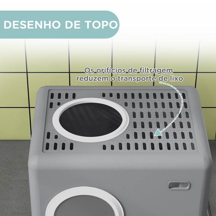 Caixa de Areia para Gatos Sanita para Animais de Estimação com Pá Bandeja Removível 2 Portas Entrada Frontal e Saída Superior 52x41x38,5 cm Cinzento