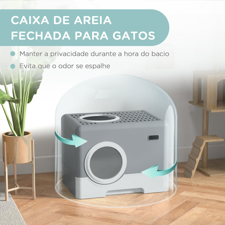 Caixa de Areia para Gatos Sanita para Animais de Estimação com Pá Bandeja Removível 2 Portas Entrada Frontal e Saída Superior 52x41x38,5 cm Cinzento