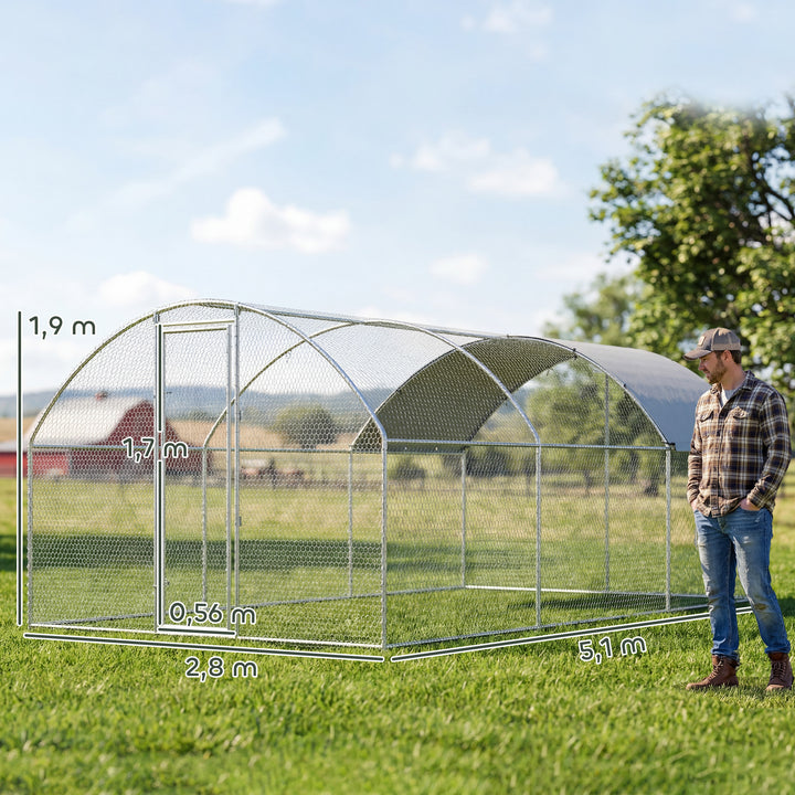 Galinheiro de Exterior Grande 2,8x5,1x1,9 m, 14,2 m² Galinheiro de Aço Galvanizado com Cobertura de Tecido Oxford Anti-UV e Impermeável Porta e Fechos Gaiola para 15-24 Galinhas Prateado