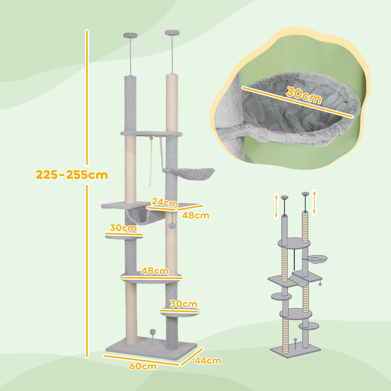 Arranhador para Gatos do Chão ao Teto 225-255 cm Arranhador para Gatos com 7 Níveis Rede Plataformas Postes de Arranhar Bola Suspensa Cinza