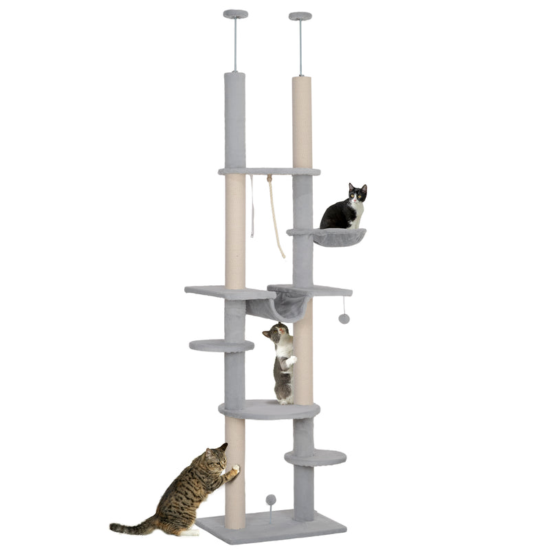 Arranhador para Gatos do Chão ao Teto 225-255 cm Arranhador para Gatos com 7 Níveis Rede Plataformas Postes de Arranhar Bola Suspensa Cinza