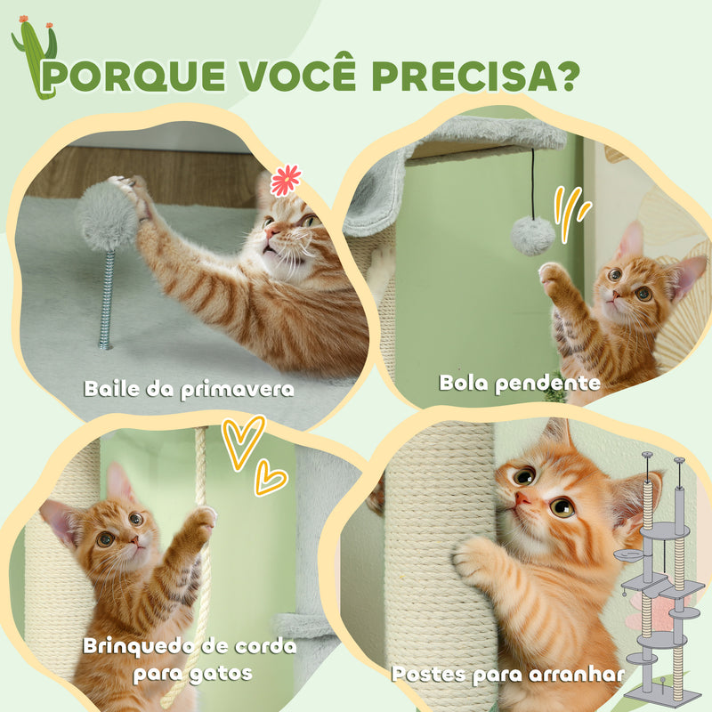 Arranhador para Gatos do Chão ao Teto 225-255 cm Arranhador para Gatos com 7 Níveis Rede Plataformas Postes de Arranhar Bola Suspensa Cinza