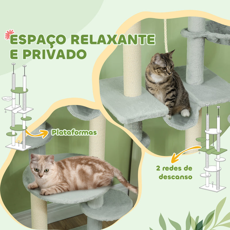 Arranhador para Gatos do Chão ao Teto 225-255 cm Arranhador para Gatos com 7 Níveis Rede Plataformas Postes de Arranhar Bola Suspensa Cinza