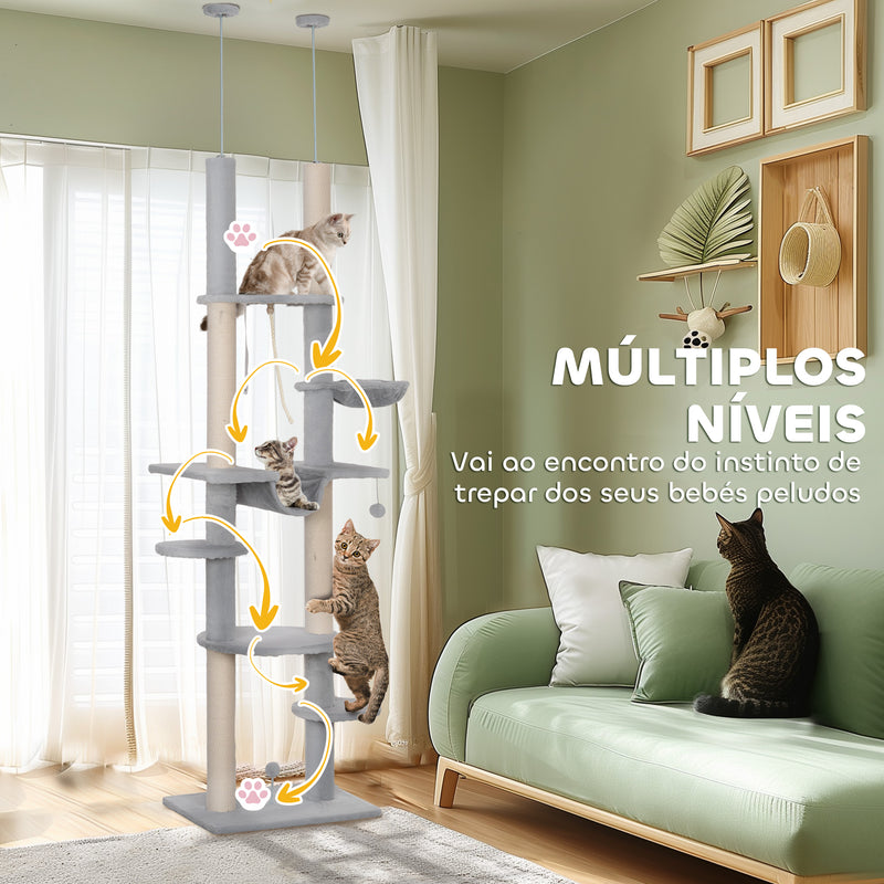 Arranhador para Gatos do Chão ao Teto 225-255 cm Arranhador para Gatos com 7 Níveis Rede Plataformas Postes de Arranhar Bola Suspensa Cinza