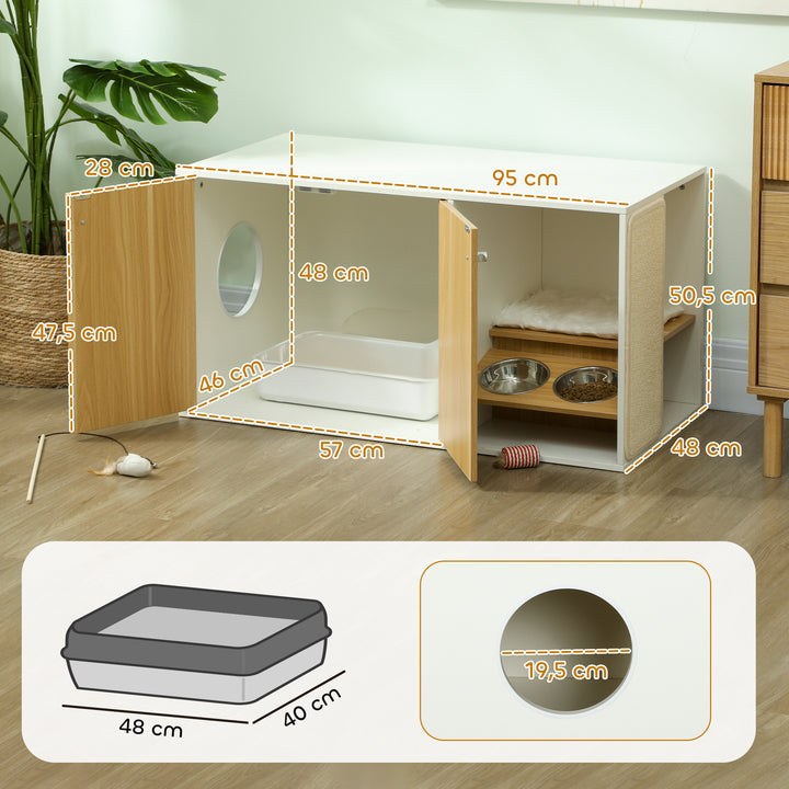 Móvel Caixa de Areia para Gatos 3 em 1 Mesa Auxiliar Caixa de Areia para Gatos com Portas Almofada Tigelas Tapete para Arranhar e Compartimento para Sala de Estar Quarto 95x48x50,5 cm Branco e Carvalho