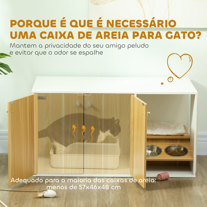 Móvel Caixa de Areia para Gatos 3 em 1 Mesa Auxiliar Caixa de Areia para Gatos com Portas Almofada Tigelas Tapete para Arranhar e Compartimento para Sala de Estar Quarto 95x48x50,5 cm Branco e Carvalho