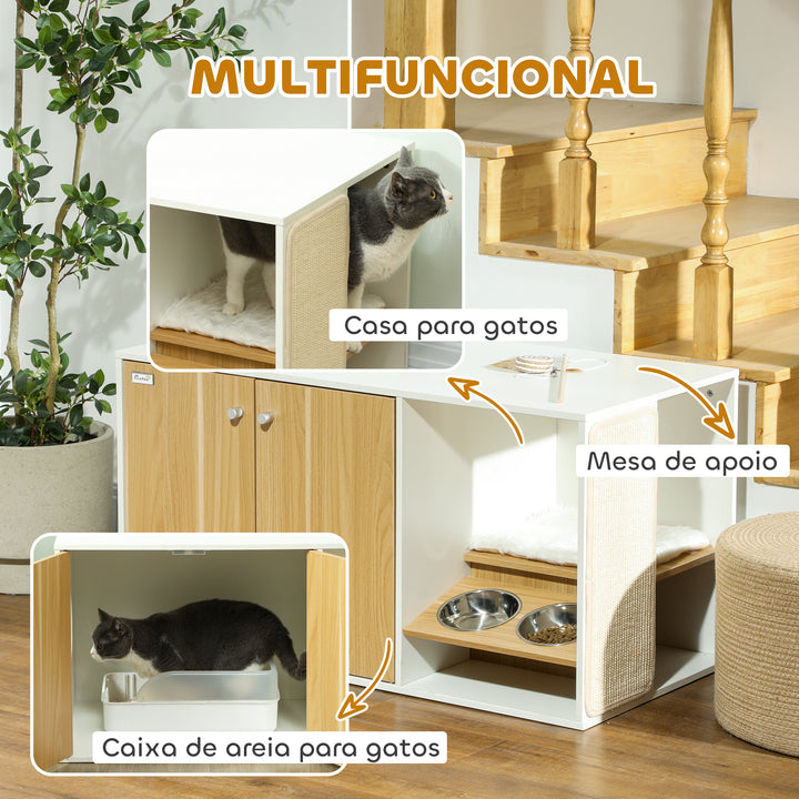 Móvel Caixa de Areia para Gatos 3 em 1 Mesa Auxiliar Caixa de Areia para Gatos com Portas Almofada Tigelas Tapete para Arranhar e Compartimento para Sala de Estar Quarto 95x48x50,5 cm Branco e Carvalho