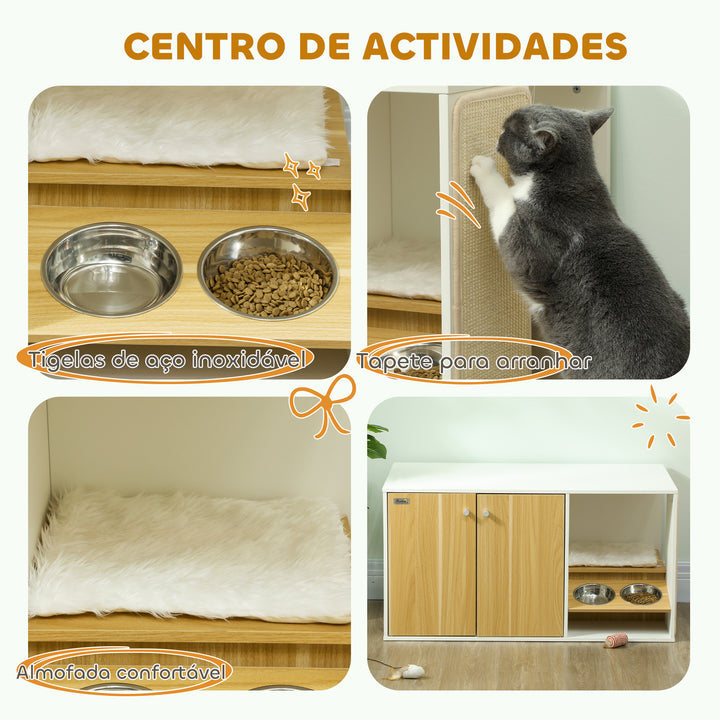 Móvel Caixa de Areia para Gatos 3 em 1 Mesa Auxiliar Caixa de Areia para Gatos com Portas Almofada Tigelas Tapete para Arranhar e Compartimento para Sala de Estar Quarto 95x48x50,5 cm Branco e Carvalho