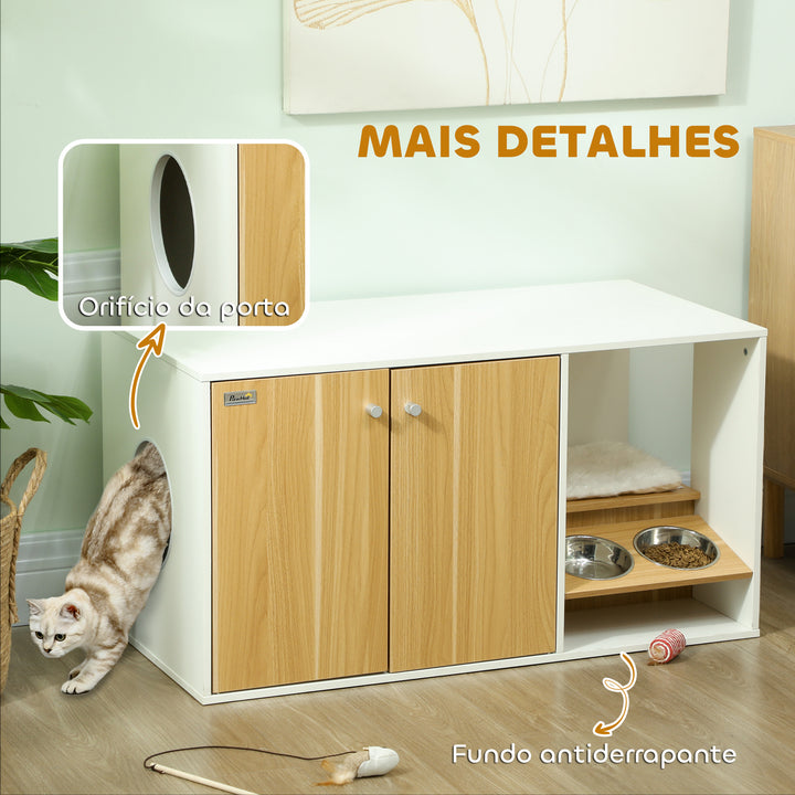 Móvel Caixa de Areia para Gatos 3 em 1 Mesa Auxiliar Caixa de Areia para Gatos com Portas Almofada Tigelas Tapete para Arranhar e Compartimento para Sala de Estar Quarto 95x48x50,5 cm Branco e Carvalho