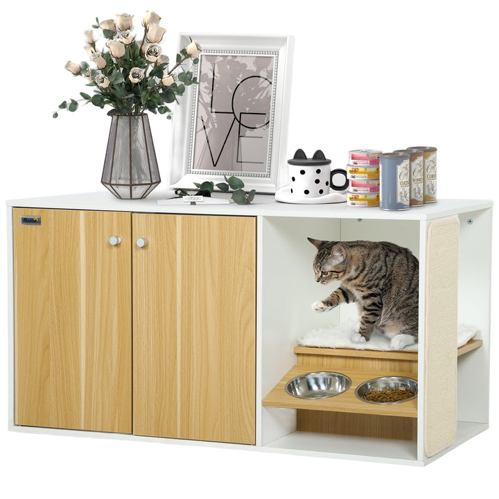 Móvel Caixa de Areia para Gatos 3 em 1 Mesa Auxiliar Caixa de Areia para Gatos com Portas Almofada Tigelas Tapete para Arranhar e Compartimento para Sala de Estar Quarto 95x48x50,5 cm Branco e Carvalho