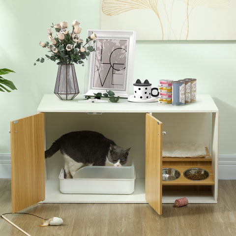 Móvel Caixa de Areia para Gatos 3 em 1 Mesa Auxiliar Caixa de Areia para Gatos com Portas Almofada Tigelas Tapete para Arranhar e Compartimento para Sala de Estar Quarto 95x48x50,5 cm Branco e Carvalho