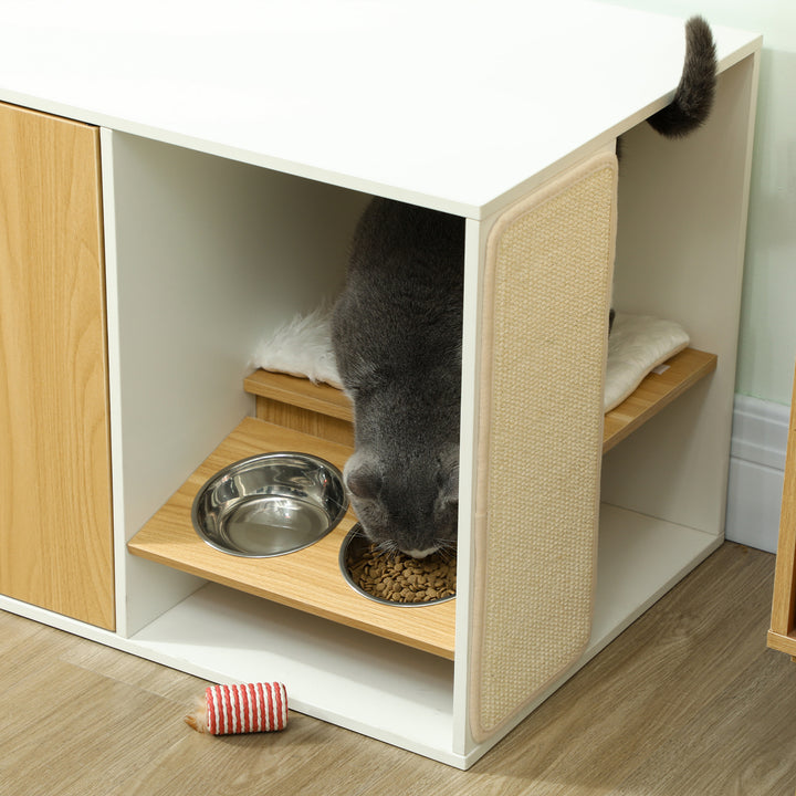 Móvel Caixa de Areia para Gatos 3 em 1 Mesa Auxiliar Caixa de Areia para Gatos com Portas Almofada Tigelas Tapete para Arranhar e Compartimento para Sala de Estar Quarto 95x48x50,5 cm Branco e Carvalho